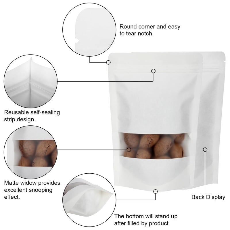 Blisstime 50 Pieces Resealable Bags for Small Business, White Kraft paper Stand Up Pouches with Matte Window Reusable Heat Sealable Bags for Packaging (4.7 X 7.9 Inches) - Image 5
